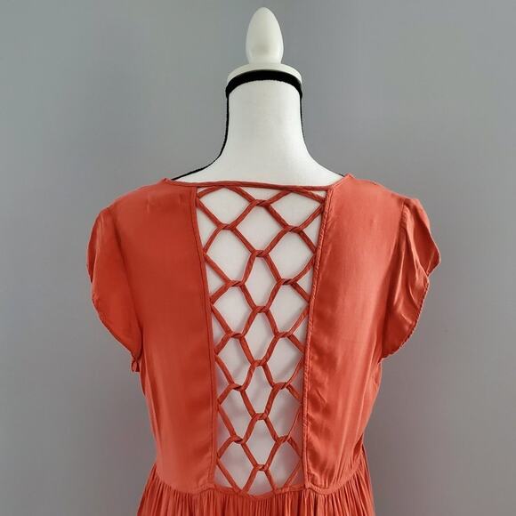 Silence + Noise Short Sleeve Lattice Back Orange Sundress Size L - Picture 4 of 12